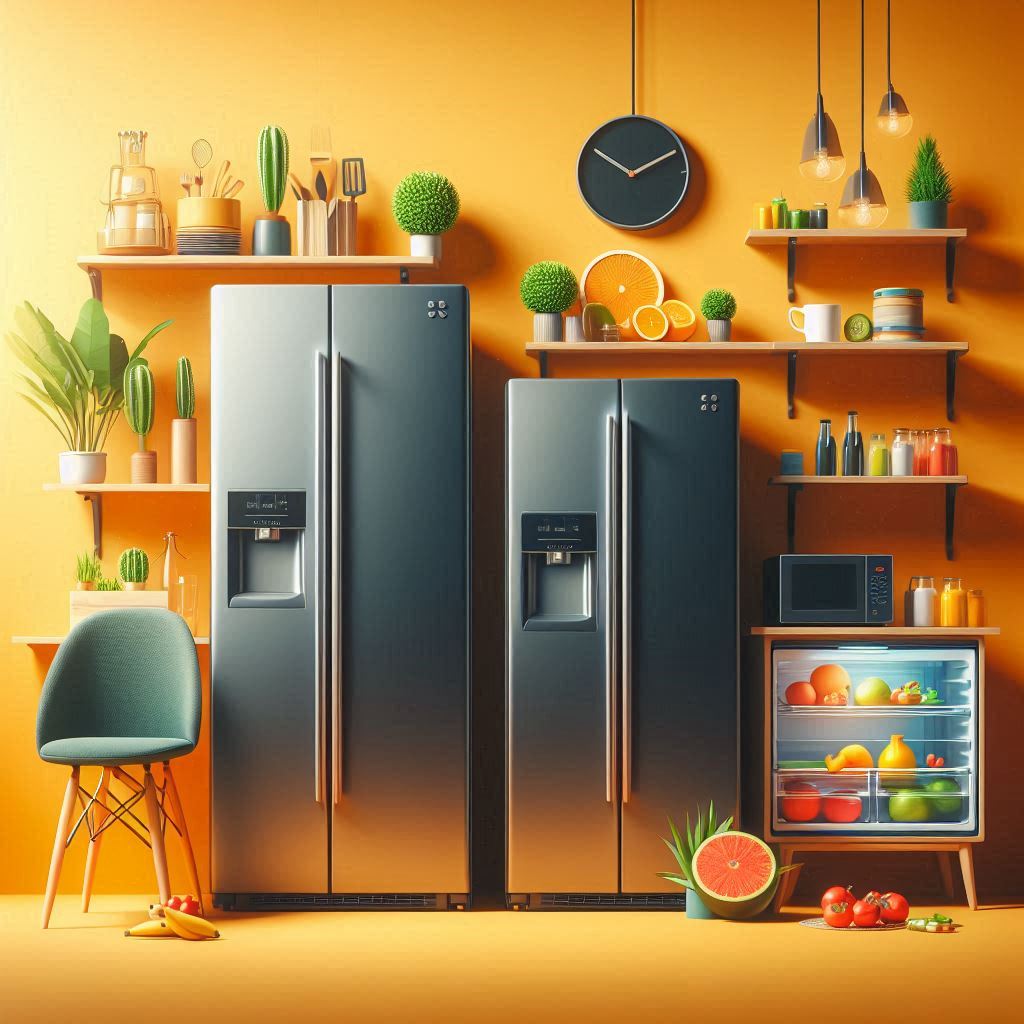 Image of a refrigerator inside a kitchen with chair and fruits.